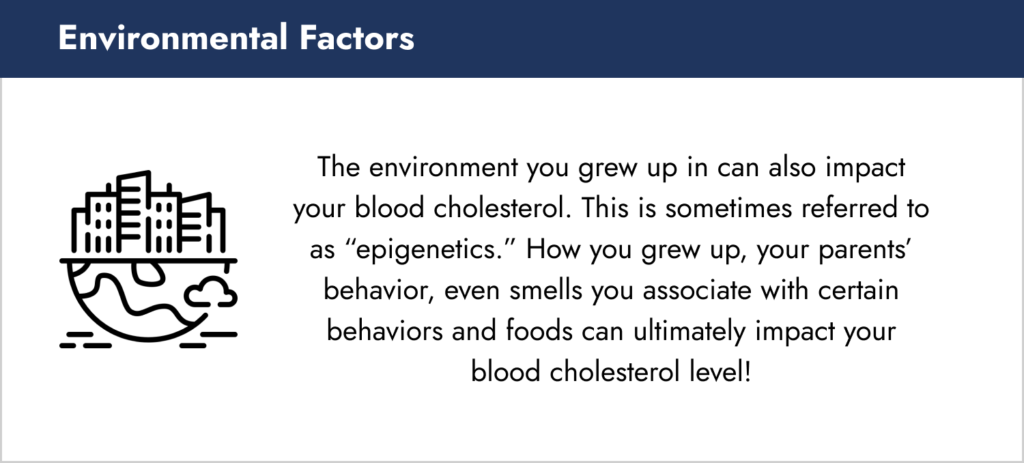 Environmental Factors The environment you grew up in can also impact your blood cholesterol. This is sometimes referred to as “epigenetics.” How you grew up, your parents’ behavior, even smells you associate with certain behaviors and foods can ultimately impact your blood cholesterol level!